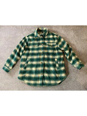 American Eagle Mens Green & Cream Plaid Sherpa-Lined Button-Up Jacket Large